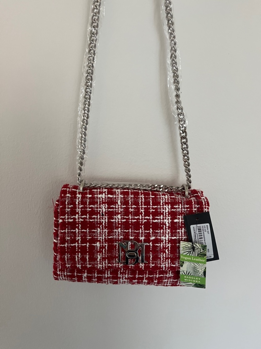 Badgley Mischka Red and White Tweed Chain Shoulder Bag